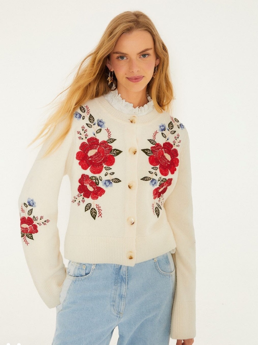Nwt Farm Rio Cream Embroidered Flowers Buttoned Knit Cardigan S